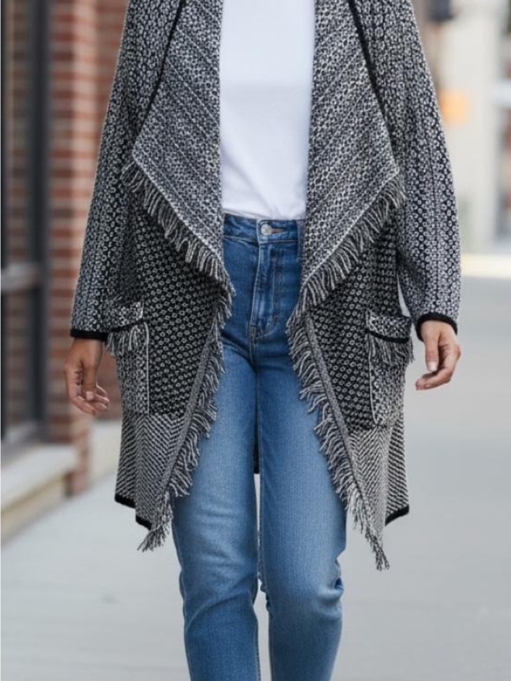Allison Brittney Black & Gray Fringe Open-Front Knit Cardigan